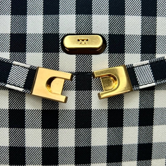 NWT Tory Burch Lee Radziwill Double Bag – Black/Ivory Gingham Canvas Satchel - Picture 11 of 15